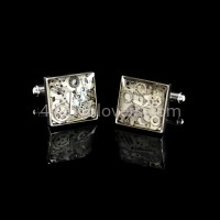 Silver square cufflinks with composition of watch parts in industrial style watches handmade art original elegant unique luxury jewelry exclusive 3D effect 3.JPG