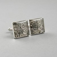 Silver square cufflinks with composition of watch parts in industrial style watches handmade art original elegant unique luxury jewelry exclusive 3D effect 6.JPG