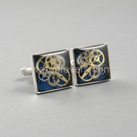 Silver square cufflinks with a composition of watch parts on a navy blue background watches handmade original elegant unique luxury exclusive jewelry 5.JPG