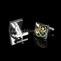 Silver square cufflinks with a composition of watch parts on a green background watches art handmade original elegant exceptional unique luxury exclusive jewelry 4.JPG