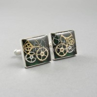 Silver square cufflinks with a composition of watch parts on a green background watches art handmade original elegant exceptional unique luxury exclusive jewelry 6.JPG