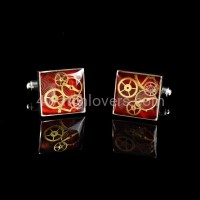Silver square cufflinks with a composition of watch parts on a red background watches handmade art original elegant unique luxury exclusive jewelry 3.JPG