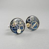Silver round cufflinks with a composition of watch parts on a navy blue background watches handmade art original elegant exceptional unique luxury exclusive jewelry 6.JPG