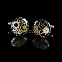 Silver round cufflinks with a composition of watch parts on a black background watches handmade art original elegant exceptional unique luxury exclusive jewelry 3.JPG