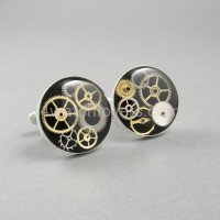Silver round cufflinks with a composition of watch parts on a black background watches handmade art original elegant exceptional unique luxury exclusive jewelry 6.JPG