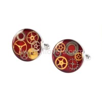 Silver round cufflinks with a composition of watch parts on a red background watches handmade art original elegant exceptional unique luxury exclusive jewelry 2.jpg