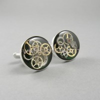 Silver round cufflinks with a composition of watch parts on a green background watches art handmade original elegant unique unique luxury exclusive jewelry 6.JPG