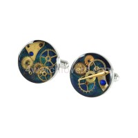 Silver round cufflinks with a composition of watch parts on a navy blue and turquoise background watches handmade original elegant exceptional unique luxury exclusive jewelry 2.jpg