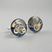 Silver round cufflinks with a composition of watch parts on a navy blue and turquoise background watches handmade original elegant exceptional unique luxury exclusive jewelry 6.JPG