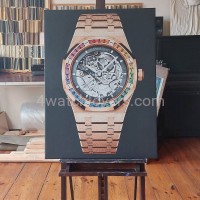 Painting Audemars Piguet Royal Oak Frosted Gold rose skeleton rainbow real work art painting watches oil paintings hand painted collector unique home shop apartment interior decoration luxury AP 5.jpg