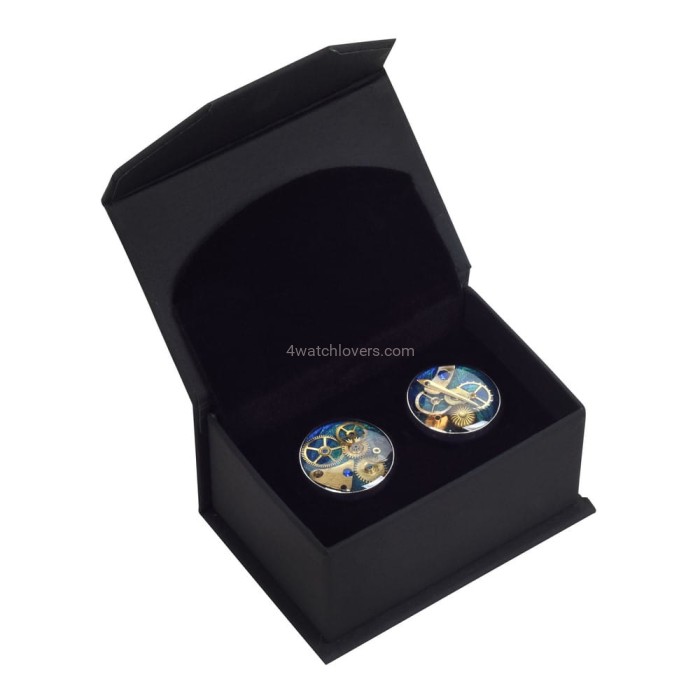 Silver round cufflinks with a composition of watch parts on a navy blue and turquoise background watches handmade original elegant exceptional unique luxury exclusive jewelry 1.JPG