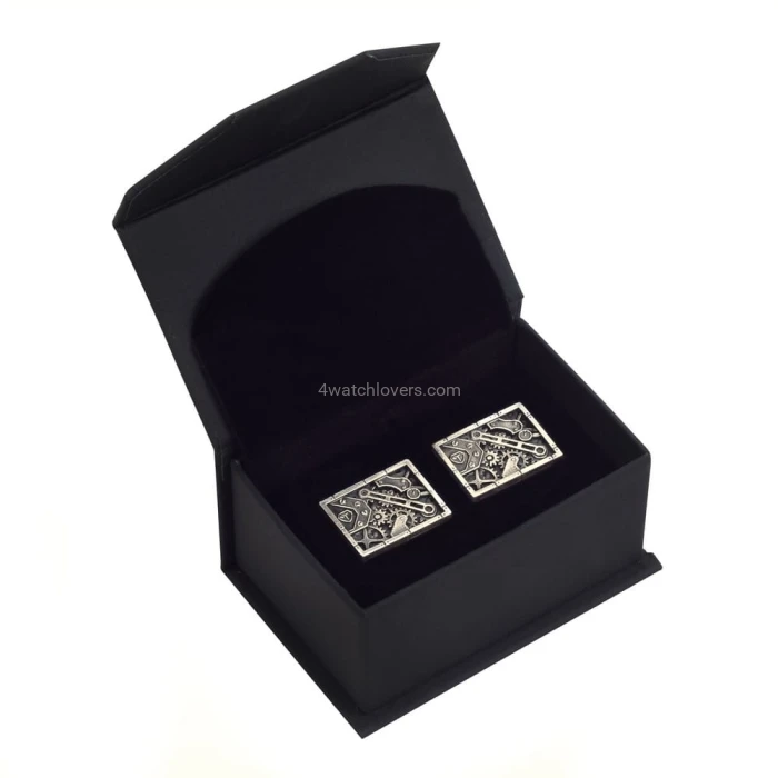 Silver rectangular cufflinks in industrial-mechanical style watches handmade original elegant exceptional unique luxurious exclusive jewelry 1.jpg