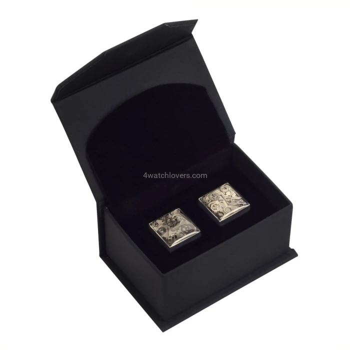 Silver square cufflinks with composition of watch parts in industrial style watches handmade art original elegant unique luxury jewelry exclusive 3D effect 1.jpg