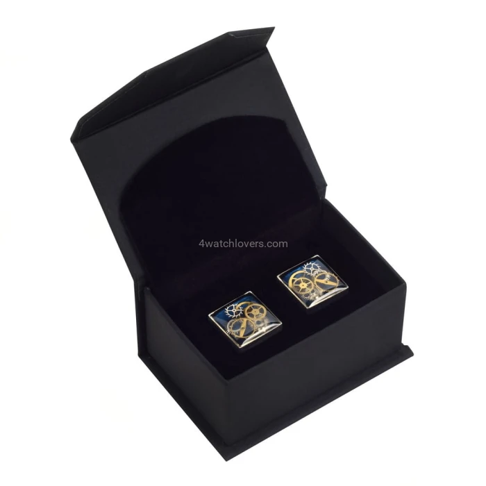 Silver square cufflinks with a composition of watch parts on a navy blue background watches handmade original elegant unique luxury exclusive jewelry 1.JPG