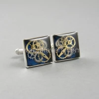 Silver square cufflinks with a composition of watch parts on a navy blue background watches handmade original elegant unique luxury exclusive jewelry 5.JPG