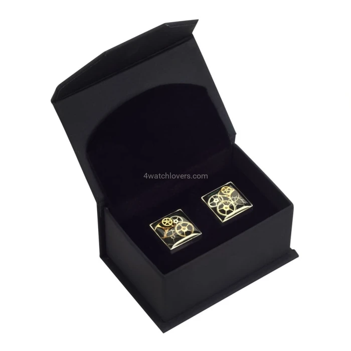 Silver square cufflinks with a composition of watch parts on a green background watches art handmade original elegant exceptional unique luxury exclusive jewelry 1.JPG