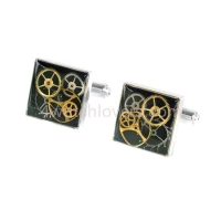 Silver square cufflinks with a composition of watch parts on a green background watches art handmade original elegant exceptional unique luxury exclusive jewelry 2.jpg