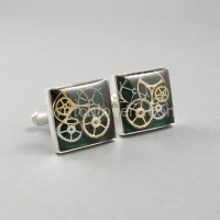 Silver square cufflinks with a composition of watch parts on a green background watches art handmade original elegant exceptional unique luxury exclusive jewelry 6.JPG