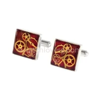 Silver square cufflinks with a composition of watch parts on a red background watches handmade art original elegant unique luxury exclusive jewelry 2.jpg
