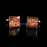 Silver square cufflinks with a composition of watch parts on a red background watches handmade art original elegant unique luxury exclusive jewelry 3.JPG