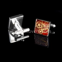 Silver square cufflinks with a composition of watch parts on a red background watches handmade art original elegant unique luxury exclusive jewelry 4.JPG