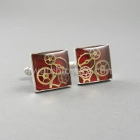 Silver square cufflinks with a composition of watch parts on a red background watches handmade art original elegant unique luxury exclusive jewelry 6.JPG