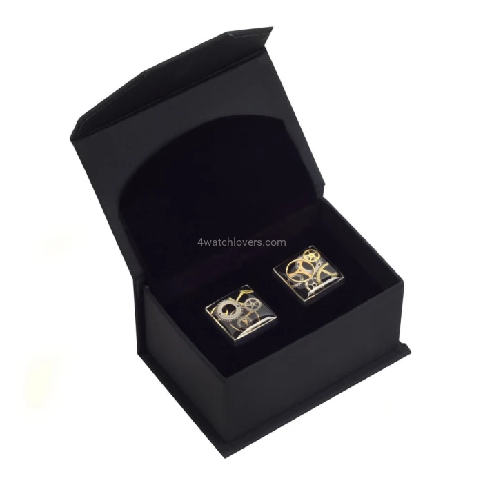 Silver square cufflinks with a composition of watch parts on a black background watches handmade art original elegant unique luxury exclusive jewelry 1.JPG