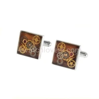 Silver square cufflinks with a composition of watch parts on the background of an exotic tree watches handmade art original elegant exceptional unique luxury exclusive jewelry 2.jpg