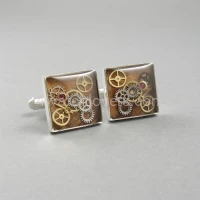 Silver square cufflinks with a composition of watch parts on the background of an exotic tree watches handmade art original elegant exceptional unique luxury exclusive jewelry 6.JPG