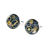 Silver round cufflinks with a composition of watch parts on a navy blue background watches handmade art original elegant exceptional unique luxury exclusive jewelry 2.jpg