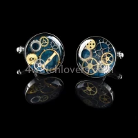 Silver round cufflinks with a composition of watch parts on a navy blue background watches handmade art original elegant exceptional unique luxury exclusive jewelry 3.JPG