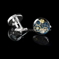 Silver round cufflinks with a composition of watch parts on a navy blue background watches handmade art original elegant exceptional unique luxury exclusive jewelry 4.JPG