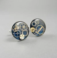 Silver round cufflinks with a composition of watch parts on a navy blue background watches handmade art original elegant exceptional unique luxury exclusive jewelry 6.JPG