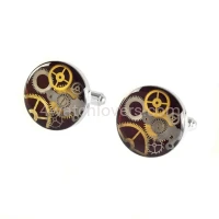 Silver round cufflinks with a composition of watch parts on a burgundy-brown background watches handmade art original elegant exceptional unique luxury exclusive jewelry 2.jpg