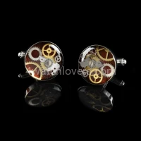 Silver round cufflinks with a composition of watch parts on a burgundy-brown background watches handmade art original elegant exceptional unique luxury exclusive jewelry 3.JPG