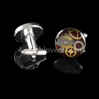 Silver round cufflinks with a composition of watch parts on a burgundy-brown background watches handmade art original elegant exceptional unique luxury exclusive jewelry 4.JPG