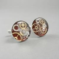 Silver round cufflinks with a composition of watch parts on a burgundy-brown background watches handmade art original elegant exceptional unique luxury exclusive jewelry 6.JPG