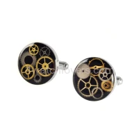 Silver round cufflinks with a composition of watch parts on a black background watches handmade art original elegant exceptional unique luxury exclusive jewelry 2.jpg