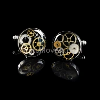 Silver round cufflinks with a composition of watch parts on a black background watches handmade art original elegant exceptional unique luxury exclusive jewelry 3.JPG