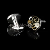 Silver round cufflinks with a composition of watch parts on a black background watches handmade art original elegant exceptional unique luxury exclusive jewelry 4.JPG