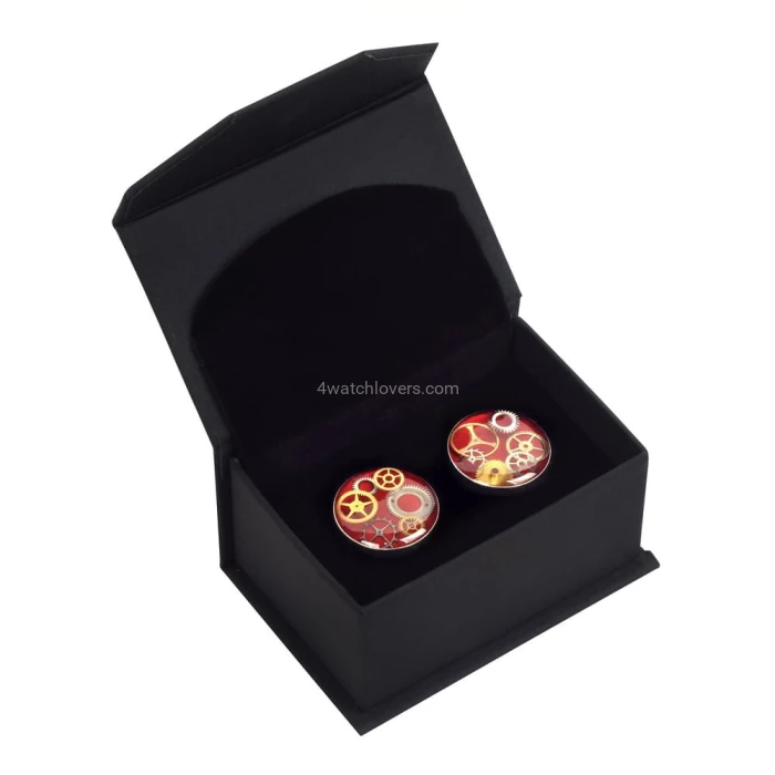 Silver round cufflinks with a composition of watch parts on a red background watches handmade art original elegant exceptional unique luxury exclusive jewelry 1.jpg
