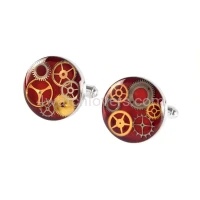 Silver round cufflinks with a composition of watch parts on a red background watches handmade art original elegant exceptional unique luxury exclusive jewelry 2.jpg