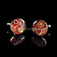 Silver round cufflinks with a composition of watch parts on a red background watches handmade art original elegant exceptional unique luxury exclusive jewelry 3.JPG