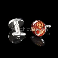 Silver round cufflinks with a composition of watch parts on a red background watches handmade art original elegant exceptional unique luxury exclusive jewelry 4.JPG