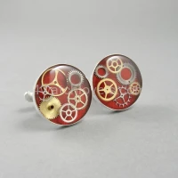 Silver round cufflinks with a composition of watch parts on a red background watches handmade art original elegant exceptional unique luxury exclusive jewelry 6.JPG