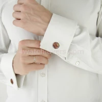 Silver round cufflinks with a composition of watch parts on a red background watches handmade art original elegant exceptional unique luxury exclusive jewelry 5.JPG
