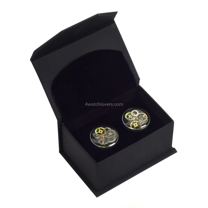 Silver round cufflinks with a composition of watch parts on a green background watches art handmade original elegant unique unique luxury exclusive jewelry 1.JPG