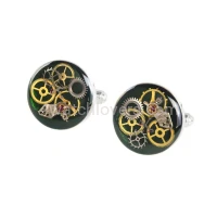 Silver round cufflinks with a composition of watch parts on a green background watches art handmade original elegant unique unique luxury exclusive jewelry 2.jpg