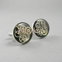 Silver round cufflinks with a composition of watch parts on a green background watches art handmade original elegant unique unique luxury exclusive jewelry 6.JPG