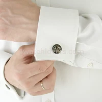 Silver round cufflinks with a composition of watch parts on a green background watches art handmade original elegant unique unique luxury exclusive jewelry 5.JPG